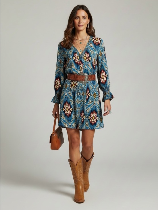 Finley Dresses & Skirts - Finley Blue Boho Ikat Western Button Down 3/4 Sleeve Shirt Dress Size M